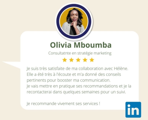 Avis de Olivia Mboumba Consultatnte en stratégie marketing